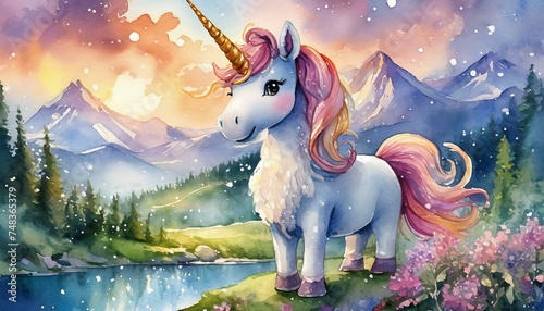 Dessin de licorne et décor arc-en-ciel, univers coloré aux couleurs de princesses. 