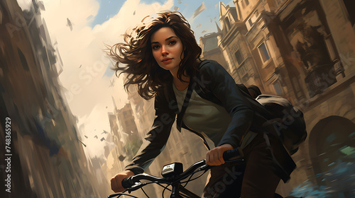 Beautiful young woman biking along the winding streets of the city