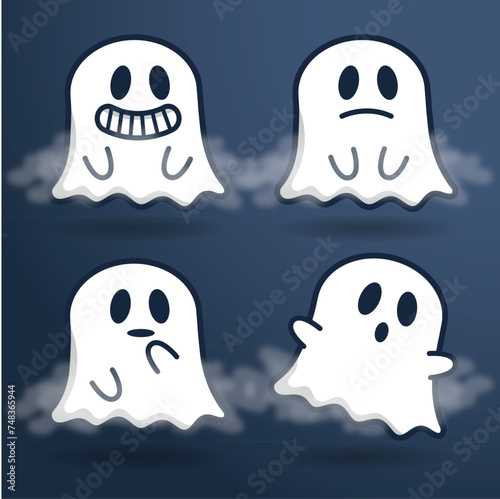 Fantasma de halloween feliz, triste, pensativo y sorprendido en una noche con neblina