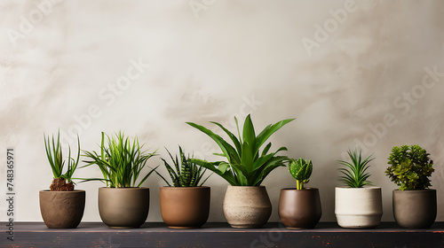 Few simple plants in pots. In the spirit of hygge. Copy space