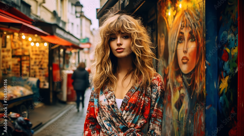 A beautiful young woman against the backdrop of vibrant street art in Montmartre.