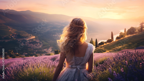 A beautiful young woman admiring the panoramic views from a lavender-covered hill.