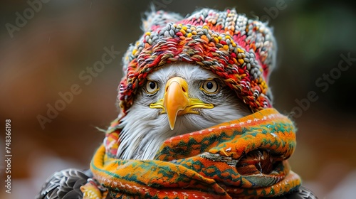 Cozy Eagle in Knitted Hat and Scarf