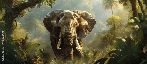An elephant, a large pachyderm, is seen casually strolling through a dense, green forest filled with a variety of vegetation. The elephants massive size is juxtaposed against the vibrant greens of the