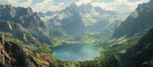 This stunning scene captures a lake nestled among towering mountains, creating an enchanting and picturesque mountain landscape. The mountains rise high around the serene lake, providing a