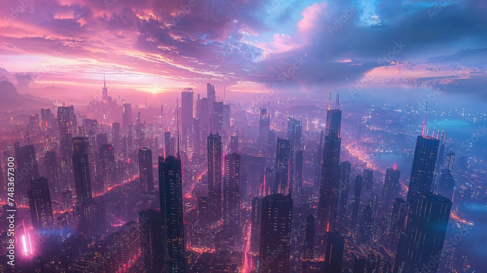 Fototapeta premium A futuristic cityscape featuring towering skyscrapers reaching towards the sky, illuminated by vibrant lights and showcasing advanced architectural design. cyberpunk city