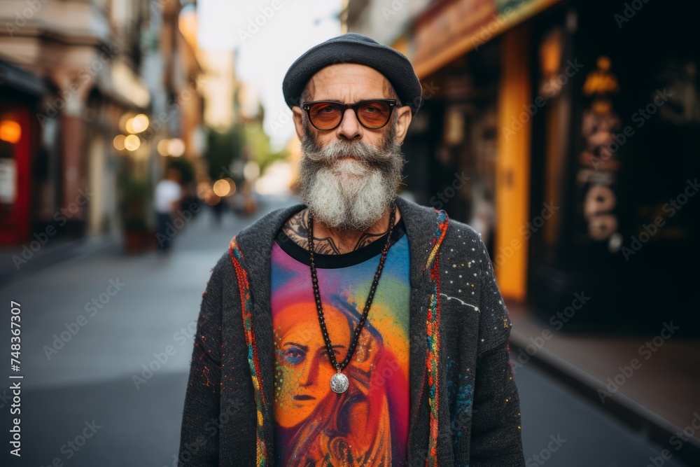Portrait of a handsome bearded hipster man with long gray beard wearing stylish clothes and sunglasses on the street. Street fashion. Portrait of a handsome bearded hipster man with long gray beard wearing stylish clothes and sunglasses on the street. Street fashion.