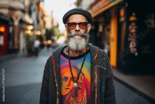 Portrait of a handsome bearded hipster man with long gray beard wearing stylish clothes and sunglasses on the street. Street fashion.