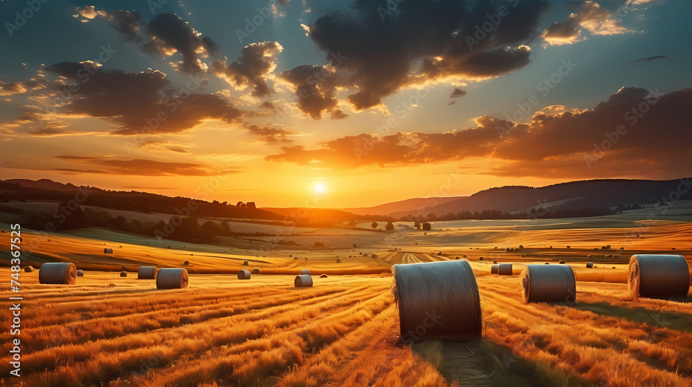 Bales of hay in a field at sunset with the sky above