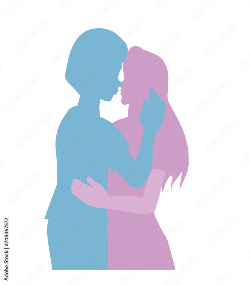  Silhouette couple kissing on the mouth. in love. Valentine's Day. People having a date. Isolated on transparent background.