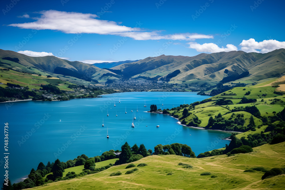 Postcard-Perfect View of Akaroa, New Zealand: A Serene Harmony of Sea, Mountains, and Quaint Village Life