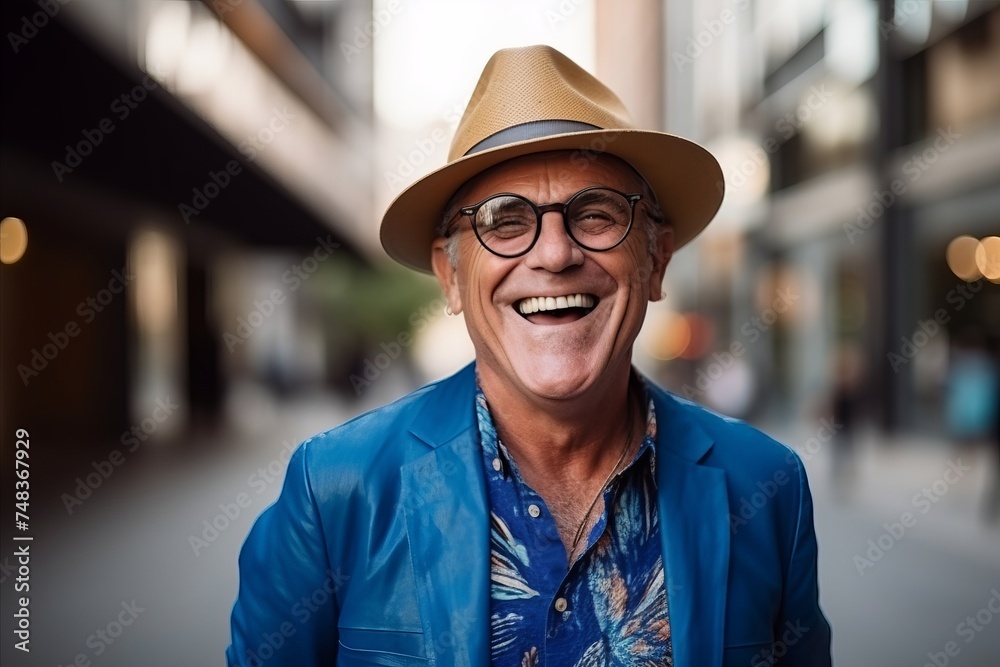Portrait of a smiling senior man in a hat and sunglasses walking in the city Portrait of a smiling senior man in a hat and sunglasses walking in the city