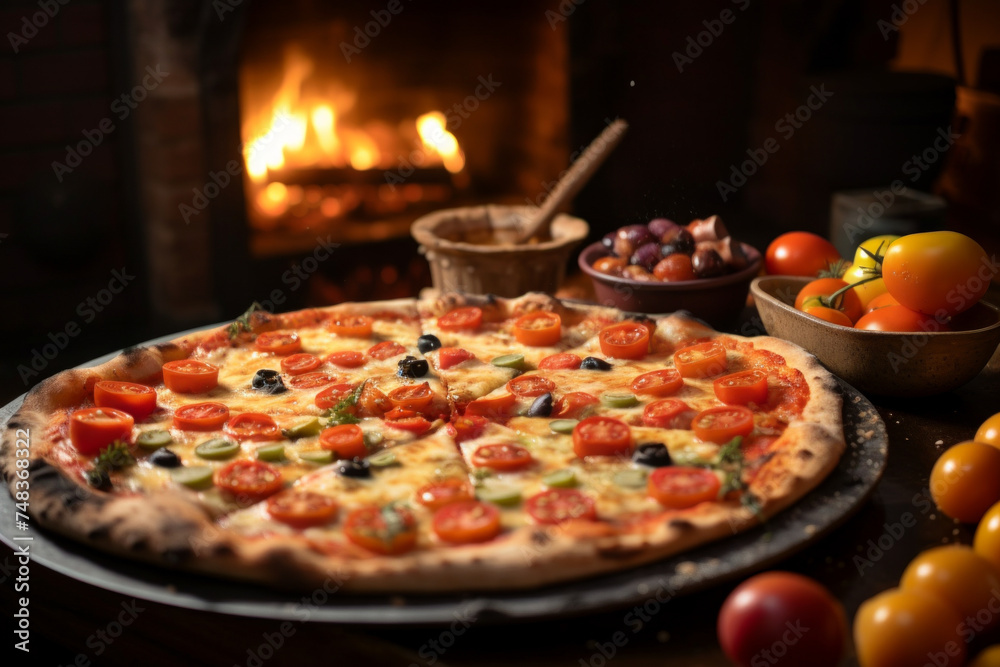 Fresh Homemade Pizza in a Cozy Fireplace Setting.
