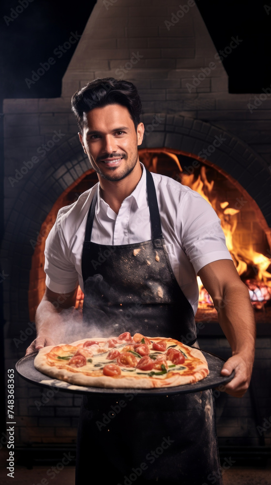 A professional pizza maker holds a pizza in front of a brick oven with open fire. A professional pizza maker holds a pizza in front of a brick oven with open fire.