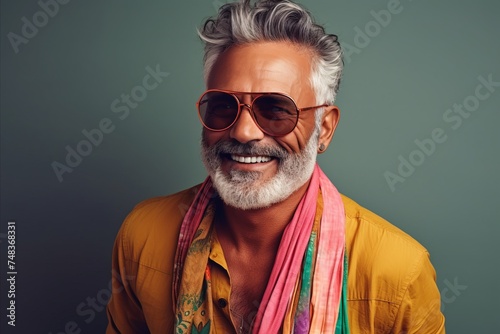 Portrait of a handsome mature man wearing sunglasses and a colorful scarf.