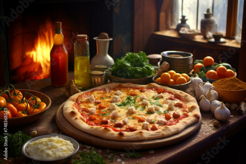 Rustic Pizza with Fresh Ingredients on Table Against Background With Open Fire.