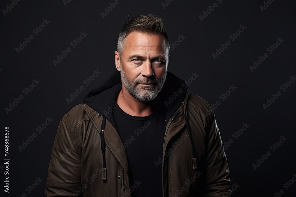 Portrait of a stylish mature man in a leather jacket. Men's beauty, fashion.