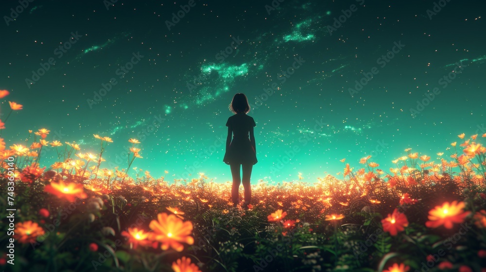 Fototapeta premium 女性の後姿とお花畑,Generative AI AI画像