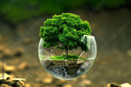 A captivating 3D rendering of a terrarium with a lush tree and broken glass, highlighting environmental conservation