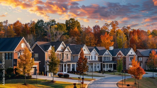 beautiful American houses in a wooded area on a sunset in high resolution © Marco