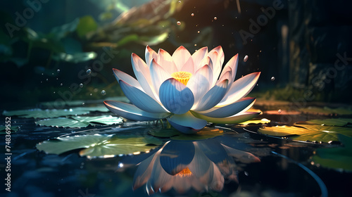 Beautiful water lilies floating in tranquil pond wallpaper background © Derby