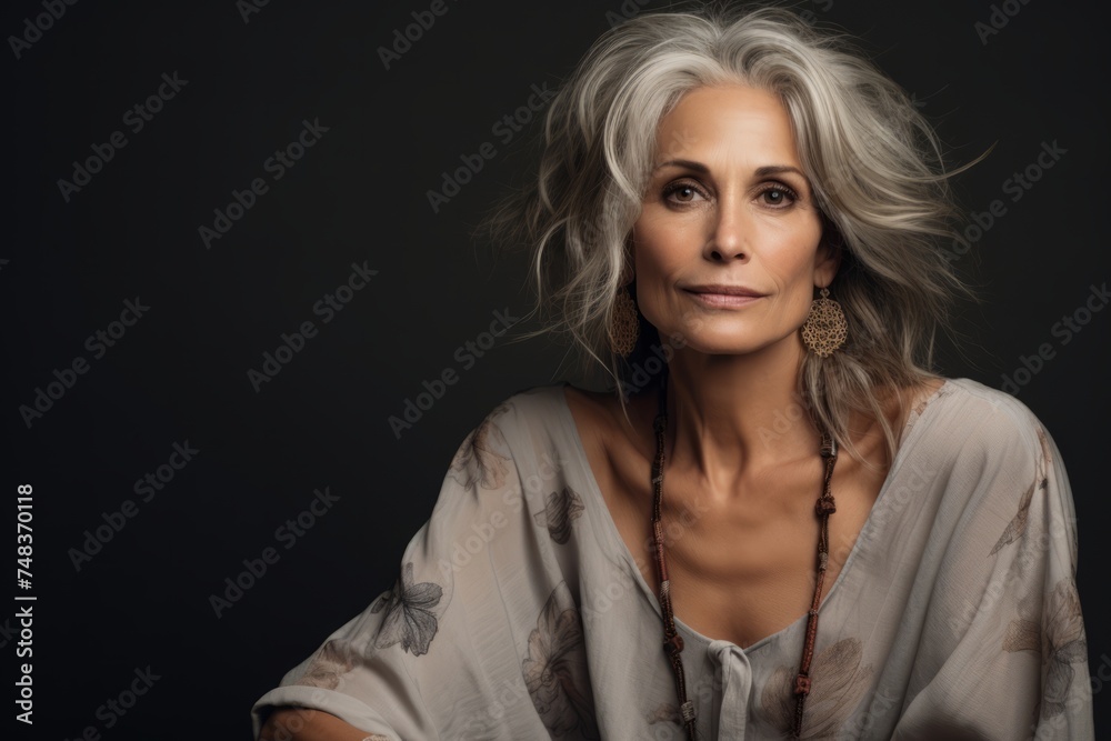 Portrait of beautiful middle aged woman with blond hair. Studio shot.