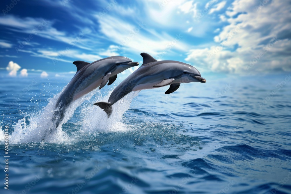 Two dolphins springing from the sea, sunlight and calm water. Two dolphins springing from the sea, sunlight and calm water.