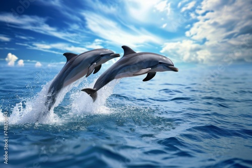 Two dolphins springing from the sea  sunlight and calm water.