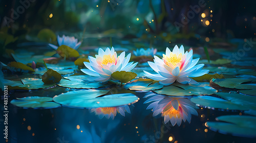 Beautiful water lilies floating in tranquil pond wallpaper background © Derby