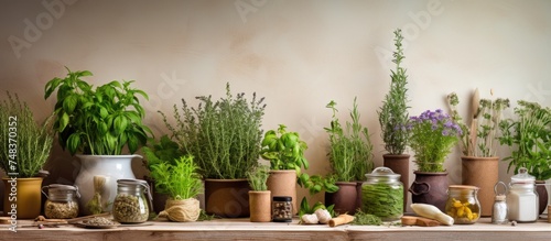 A wooden kitchen table is adorned with numerous potted plants, adding a touch of greenery to the modern kitchen interior. Various utensils are also scattered among the plants.