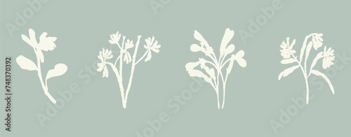 Handmade linocut sprig wildflower collection vector motif clipart in folkart scandi style. Simple monochrome block print shapes with woodcut white chic effect set.