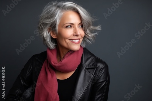 Portrait of a beautiful middle-aged woman in a black leather jacket and red scarf.