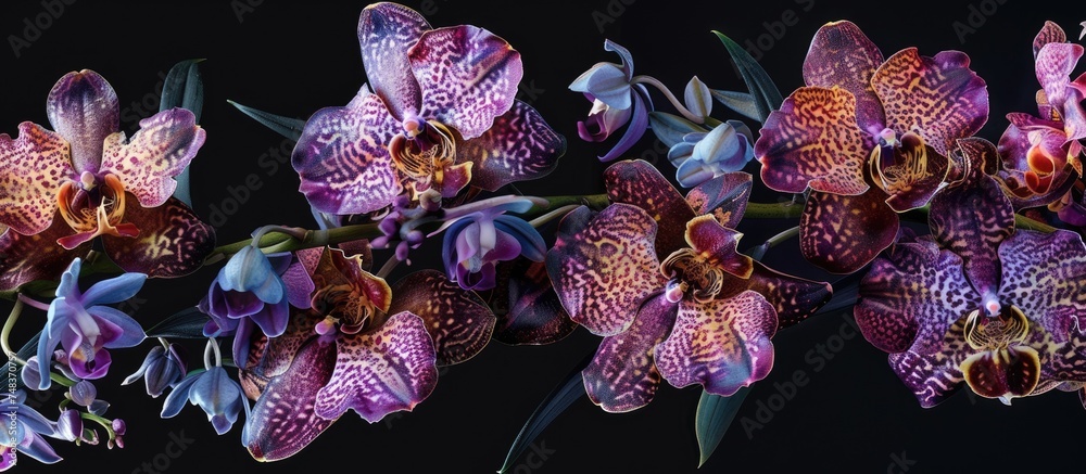 A bundle of vibrant purple flowers contrast beautifully against a dark black background. The intricate petals and rich color of the blooms create a striking visual impact.