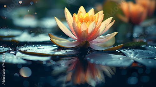 Beautiful water lilies floating in tranquil pond wallpaper background © Derby