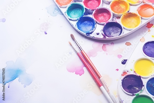 Watercolor paints and brushes on a background with colorful splashes