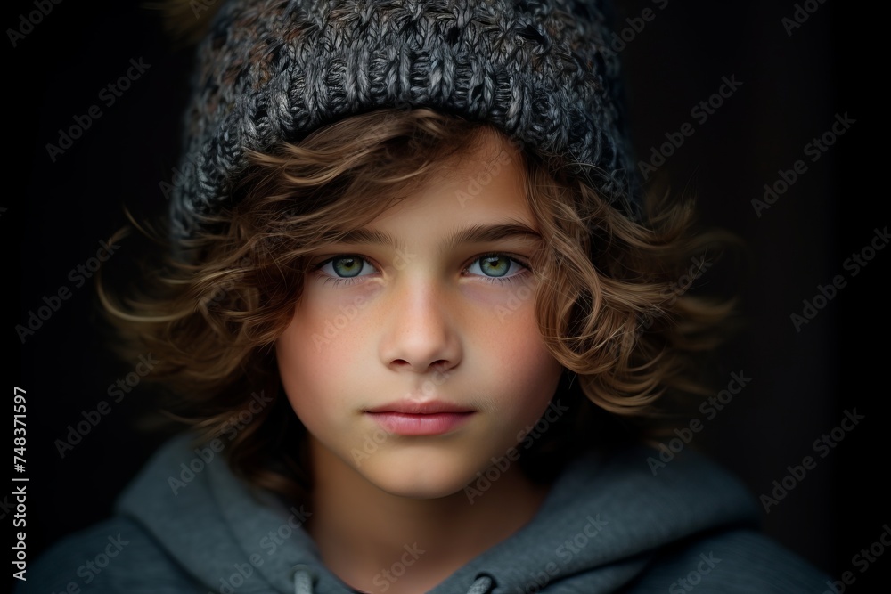 Portrait of a boy in a gray coat on a black background Portrait of a boy in a gray coat on a black background