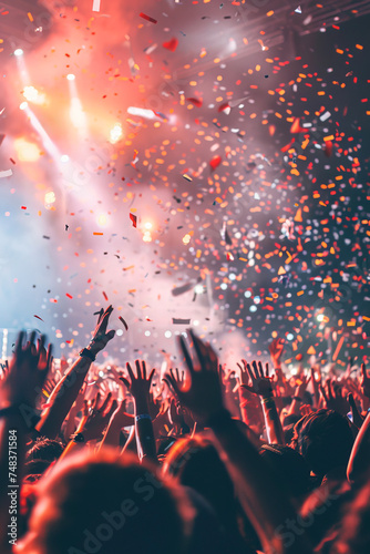People celebrating at a mega concert with lots of lights and confetti in a crowded stadium. Vertical image