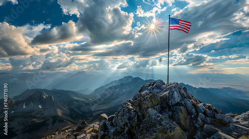 A weather-beaten American flag hoisted high on a mountaintop photo