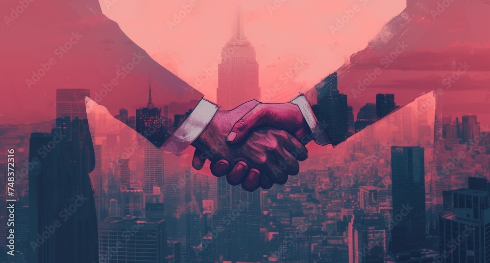 Two silhouetted hands shaking in front of a stylized New York City backdrop, symbolizing deals and partnerships