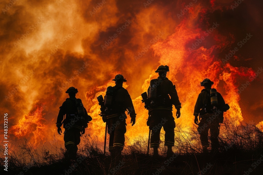 Firefighters in gear against fire Firefighters in gear against fire
