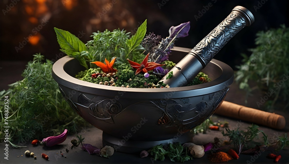 A detailed and visually descriptive image of a mortar and pestle, with a unique twist. The herbs and spices are not traditional ones, but rather a mix of futuristic and otherworldly plants.