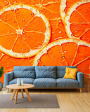 Modern home decor featuring a vibrant navy blue sofa, yellow accent greenery refreshing orange wall.