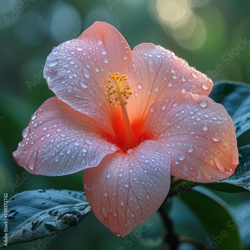 macro photo of mandevilla flower in outdoor wildlife  photo