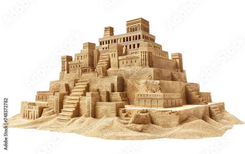 Mesopotamian Ziggurat Emerging in the Desert Isolated on Transparent Background.