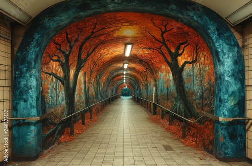 An immersive mural of a tunnel with walls painted in vibrant autumn colors gives an illusion of walking through a forest