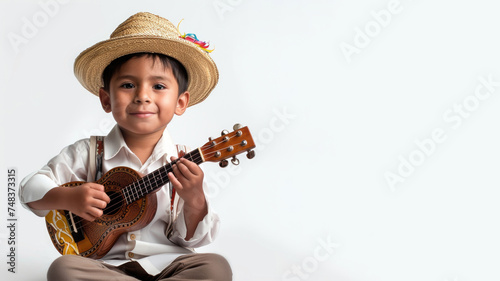 latin boy as a musician isolated on white background