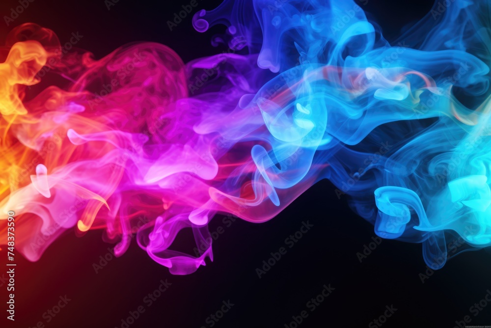 Obraz premium Colorful smoke clouds in neon light swirling on empty scene dark background