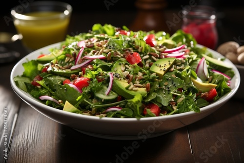 Fresh and vibrant salad with microgreens - radish, broccoli, tomatoes, kale, arugula, healthy meals