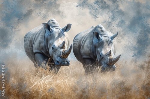 Two rhinos appear amidst a mystical  ethereal landscape  captured in a dreamlike artistic photography style