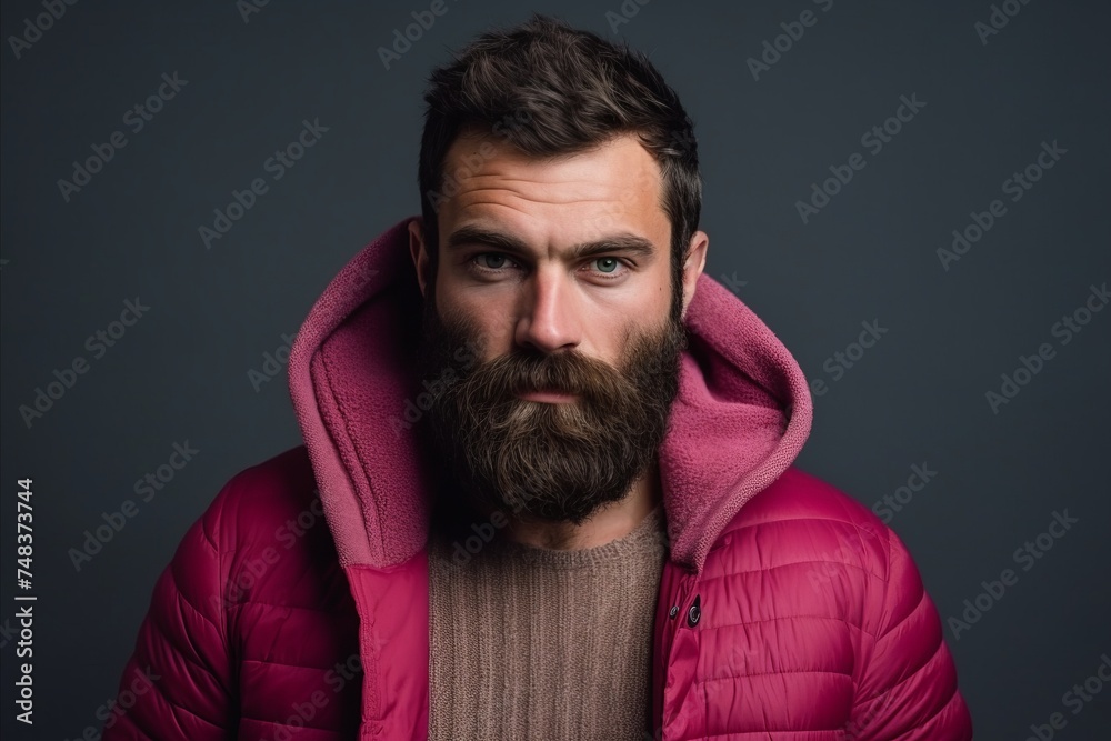 Handsome young man with long beard and mustache in pink winter jacket looking at camera Handsome young man with long beard and mustache in pink winter jacket looking at camera